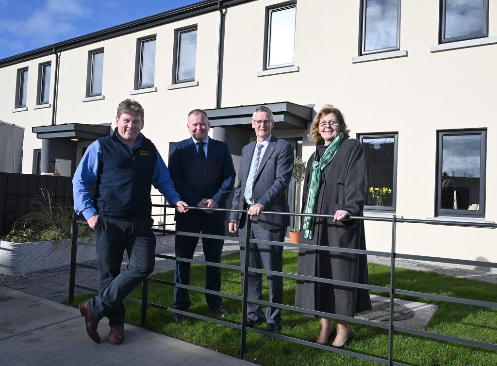 Justin Kinsella, managing director, HTL Technologies, Gerard Smith, director of AMTCE with Martin O’Brien, chief executive of LMETB and Sadie Ward McDermott, director of further education and training, at the official handover of the 3D concrete printed homes at Grange Close in Dundalk, the first ever to be built in Ireland and the UK.